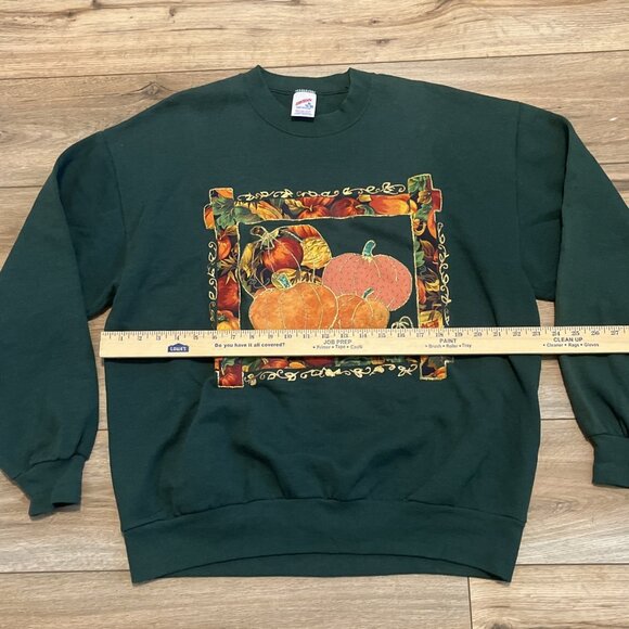 Vintage Jerzees Pumpkin Fall Sweatshirt SZ XL Green Leaves Border Glitter USA - Picture 5 of 11